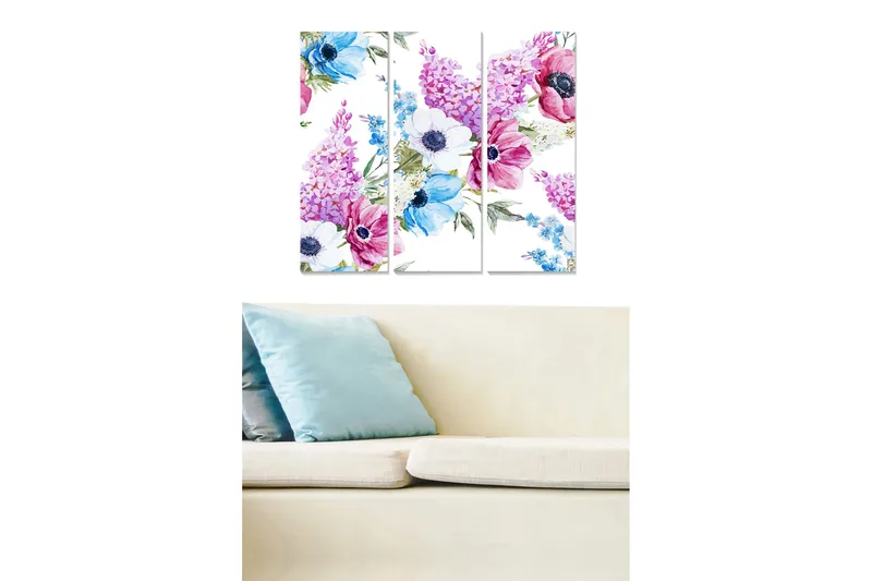 Trelerretsbilde 3-delt 50x70 cm - Fargerik blomsterbukett i pastellfarger, Lilla / Blå / Rosa