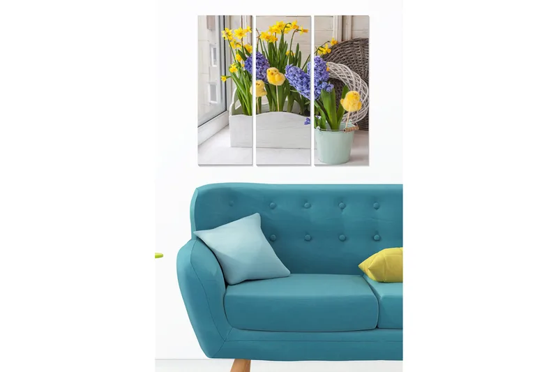 Trelerretsbilde 3-delt 50x70 cm - Fargerik blomsterbukett i potter, Gul / Lilla / Grønn