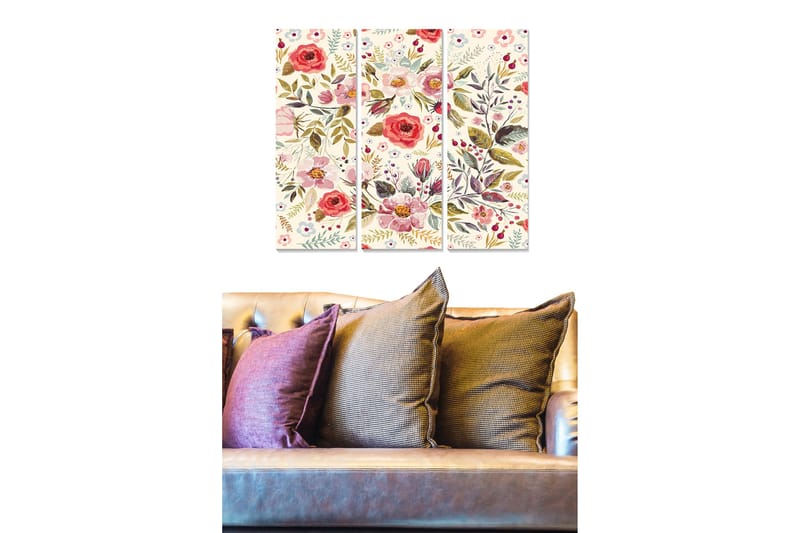 Trelerretsbilde 3-delt 50x70 cm - Fargerik blomsterbukett med forskjellige plantemotiver, Rød / Grønn / Rosa
