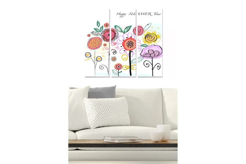 Trelerretsbilde 3-delt 50x70 cm - Fargerik blomsterbukett med lekne detaljer, Rosa / Gul / Grønn