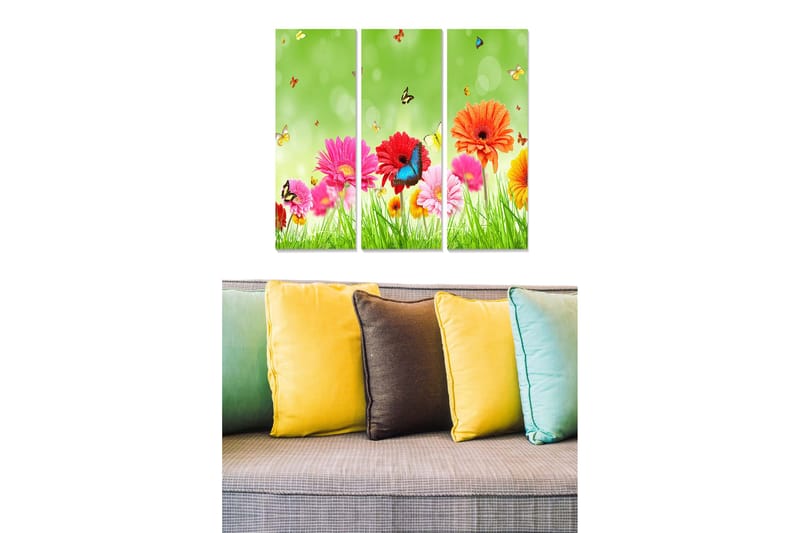 Trelerretsbilde 3-delt 50x70 cm - Fargerik blomsterbukett med sommerfugler i et grønt miljø, Rosa / Oransje / Grønn