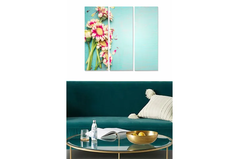 Trelerretsbilde 3-delt 50x70 cm - Fargerik blomsterbukett på lyseblå bakgrunn, Rosa / Grønn / Lys blå