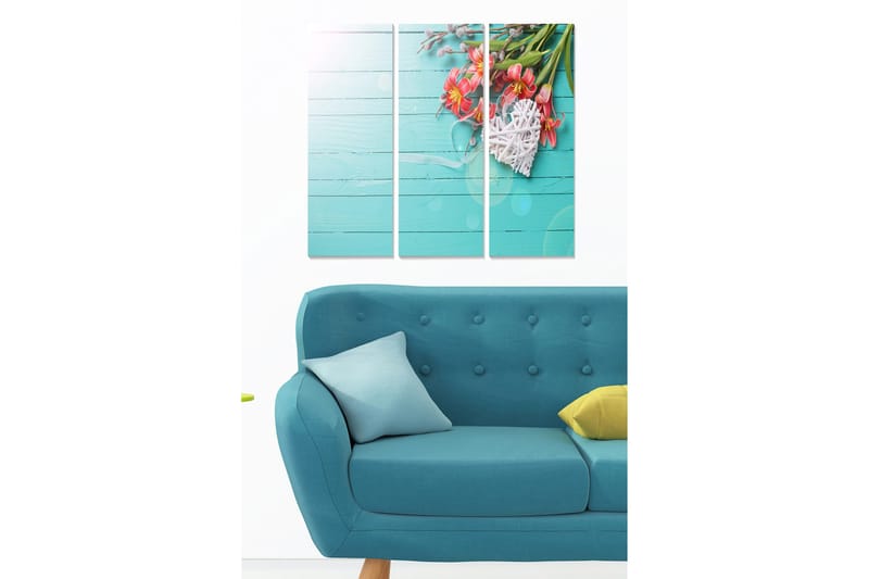 Trelerretsbilde 3-delt 50x70 cm - Fargerik blomsterbukett på lyseblå bakgrunn, Lys blå / Rosa / Grønn