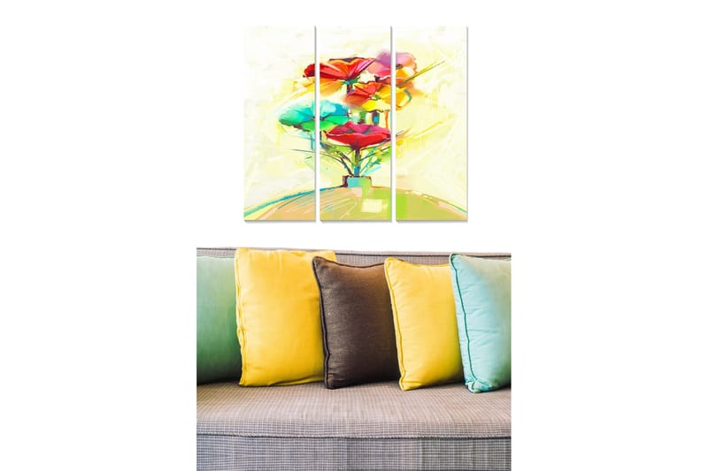 Trelerretsbilde 3-delt 50x70 cm - Fargerik blomstertre med store blomster i rødt og grønt, Rød / Grønn / Gul