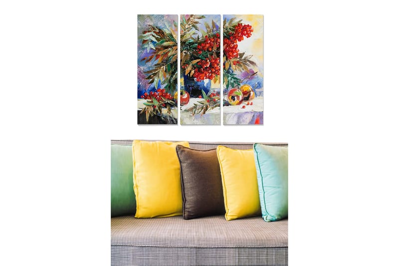 Trelerretsbilde 3-delt 50x70 cm - Fargerik bukett med bær og frukt i stillhet med naturmotiver, Rød / Grønn / Gul
