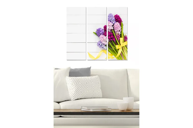 Trelerretsbilde 3-delt 50x70 cm - Fargerik bukett med hyasinter med gult bånd, Lilla / Rosa / Grønn
