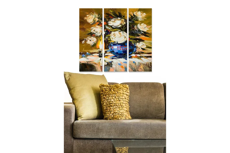 Trelerretsbilde 3-delt 50x70 cm - Fargerik bukett med roser i en blå vase, Hvit / Blå / Gull