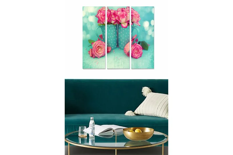 Trelerretsbilde 3-delt 50x70 cm - Fargerik bukett med roser i en blå potte, Rosa / Turkis / Grønn