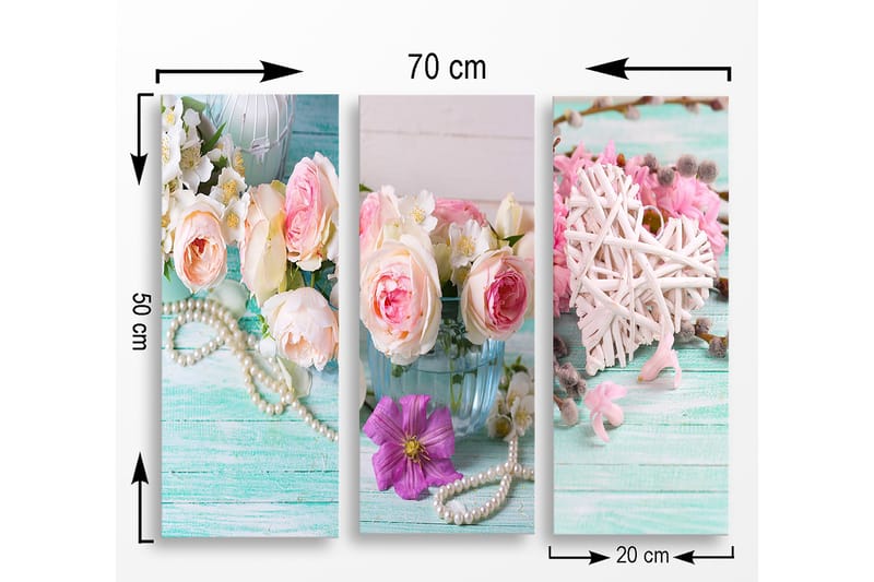 Trelerretsbilde 3-delt 50x70 cm - Fargerik bukett med roser og blomster i en glassvase - Rosa / Grønn / Hvit - Innredning - Bilder & kunst - Lerretsbilder