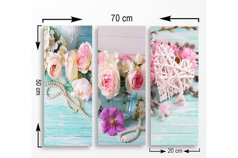 Trelerretsbilde 3-delt 50x70 cm - Fargerik bukett med roser og blomster i en glassvase - Rosa / Grønn / Hvit - Innredning - Bilder & kunst - Lerretsbilder