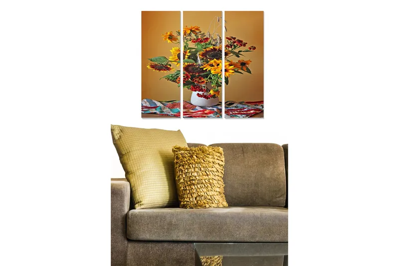 Trelerretsbilde 3-delt 50x70 cm - Fargerik bukett med solsikker og bær i en vase, Gul / Grønn / Rød