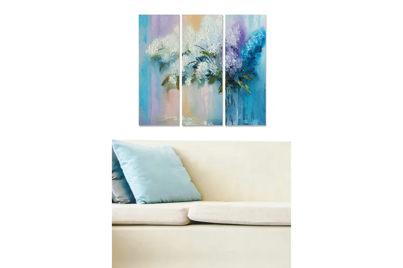 Trelerretsbilde 3-delt 50x70 cm - Fargerik bukett med syriner, Hvit / Lilla / Blå