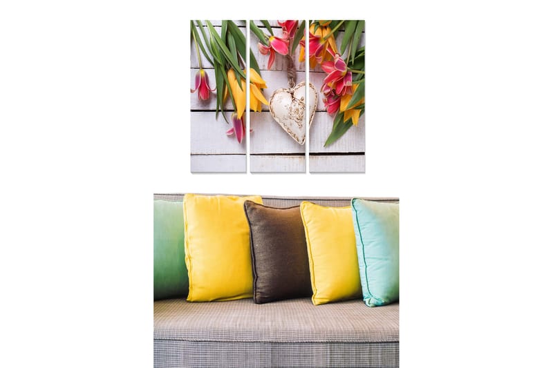 Trelerretsbilde 3-delt 50x70 cm - Fargerik bukett med tulipaner med et hjerte i midten, Rosa / Gul / Grønn