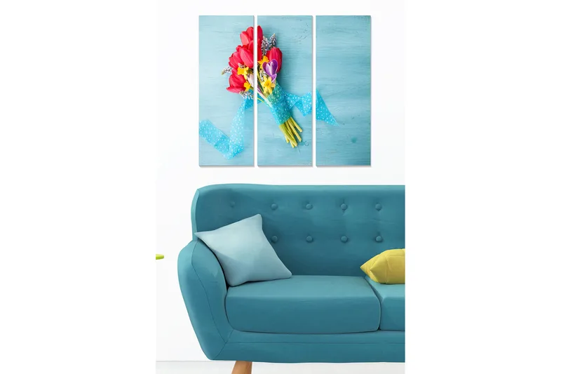 Trelerretsbilde 3-delt 50x70 cm - Fargerik bukett med tulipaner og blomster med blått bånd, Blå / Rosa / Gul