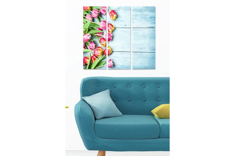 Trelerretsbilde 3-delt 50x70 cm - Fargerik bukett med tulipaner, Rosa / Grønn / Gul