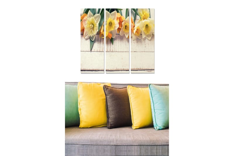 Trelerretsbilde 3-delt 50x70 cm - Fargerik bukett med påskeliljer og tulipaner - Gul / Oransje / Grønn - Innredning - Bilder & kunst - Lerretsbilder