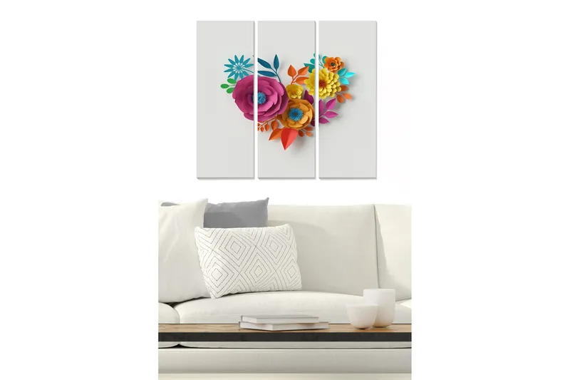 Trelerretsbilde 3-delt 50x70 cm - Fargerik bukett med papirblomster formet som et hjerte - Rosa / Oransje / Blå - Innredning - Bilder & kunst - Lerretsbilder