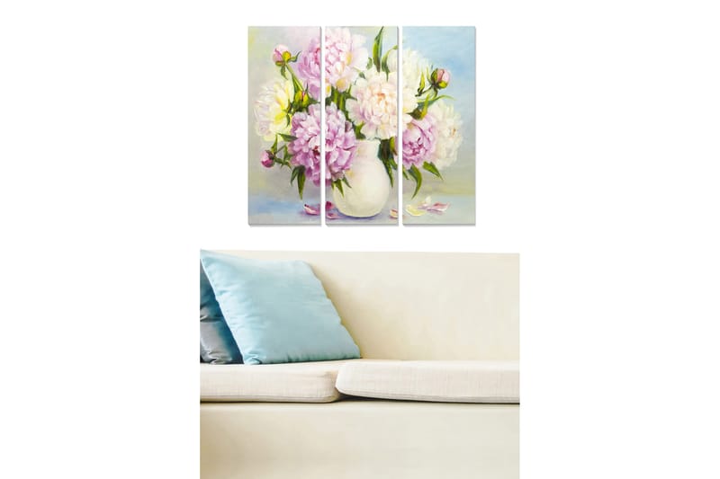 Trelerretsbilde 3-delt 50x70 cm - Fargerik bukett med peoner i en vase, Lys rosa / Hvit / Grønn