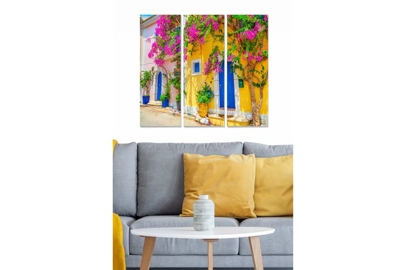 Trelerretsbilde 3-delt 50x70 cm - Fargerik fasade med bougainvillea og blå dør, Rosa / Gul / Blå