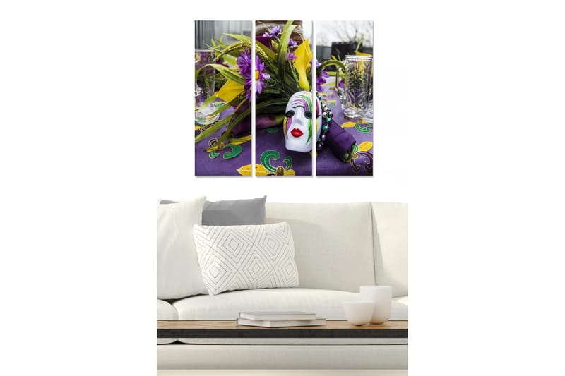 Trelerretsbilde 3-delt 50x70 cm - Fargerik festlig borddekking med maske og blomster, Lilla / Gul / Grønn