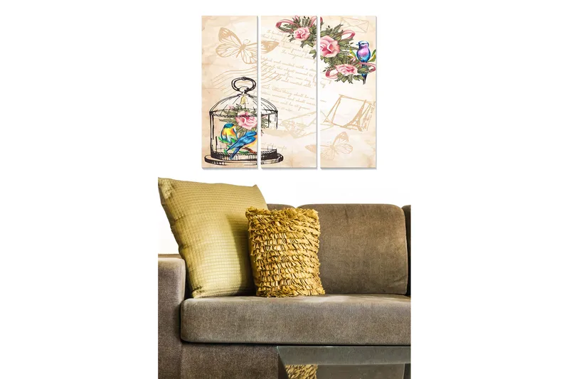 Trelerretsbilde 3-delt 50x70 cm - Fargerik fugl i bur omgitt av blomster og sommerfugler, Grønn / Rosa / Blå