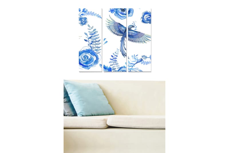 Trelerretsbilde 3-delt 50x70 cm - Fargerik fugl omgitt av blå roser og plantedetaljer, Blå / Lys blå