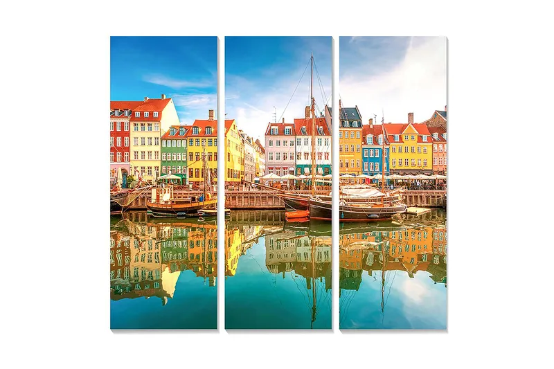 Trelerretsbilde 3-delt 50x70 cm - Fargerik havn med tradisjonelle hus og båter, Blå / Gul / Rød