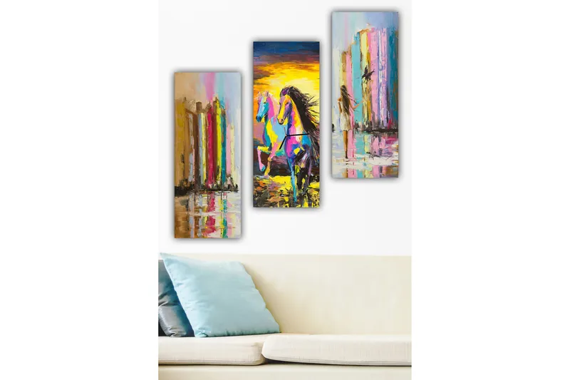 Trelerretsbilde 3-delt 50x70 cm - Fargerik hest i bevegelse foran abstrakte søyler, Rosa / Gul / Blå