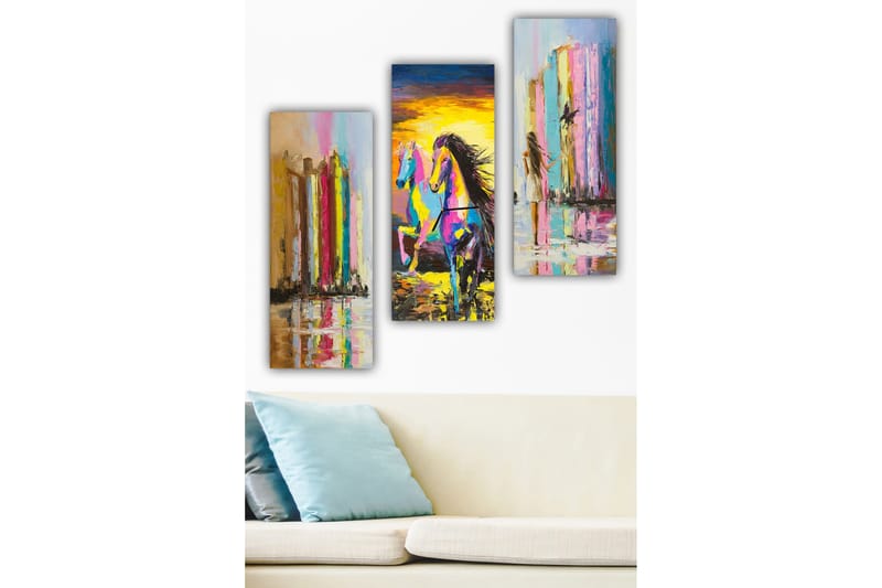 Trelerretsbilde 3-delt 50x70 cm - Fargerik hest i bevegelse foran abstrakte søyler, Rosa / Gul / Blå