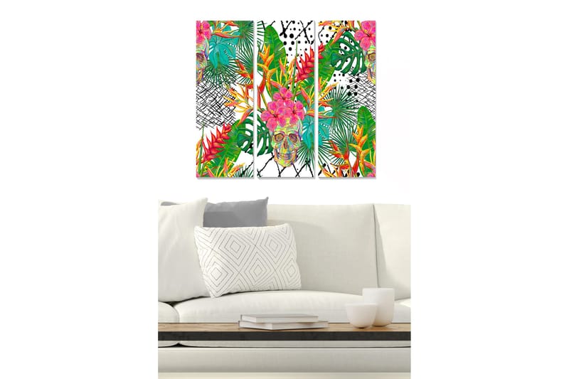 Trelerretsbilde 3-delt 50x70 cm - Fargerik hodeskalle omgitt av tropiske planter og blomster, Grønn / Rosa / Gul