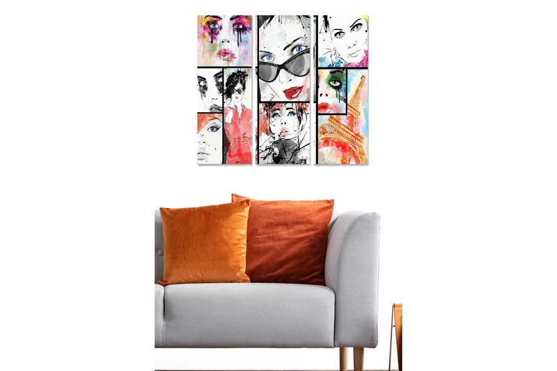 Trelerretsbilde 3-delt 50x70 cm - Fargerik komposisjon av ansikter med moteinspirasjon, Rød / Svart / Blå