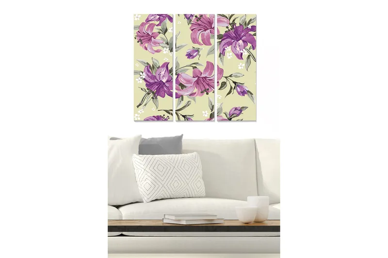 Trelerretsbilde 3-delt 50x70 cm - Fargerik komposisjon av liljer i forskjellige nyanser, Lilla / Grønn / Beige
