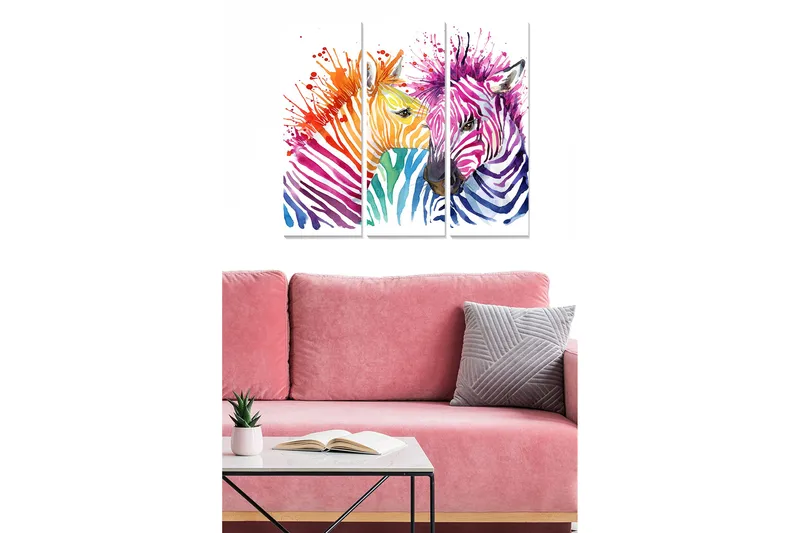 Trelerretsbilde 3-delt 50x70 cm - Fargerik komposisjon av sebraer med abstrakte mønstre, Lilla / Oransje / Grønn