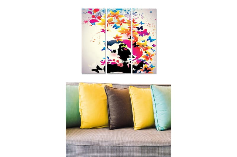 Trelerretsbilde 3-delt 50x70 cm - Fargerik komposisjon av sommerfugler og blomster i stilisert portrettform - Rosa / Blå / Svart - Innredning - Bilder & kunst - Lerretsbilder