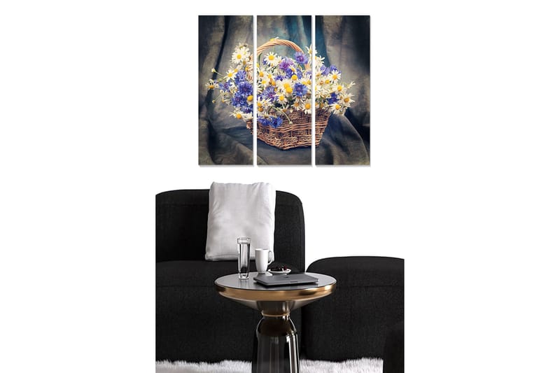 Trelerretsbilde 3-delt 50x70 cm - Fargerik kurv med blomster, Blå / Hvit / Gul