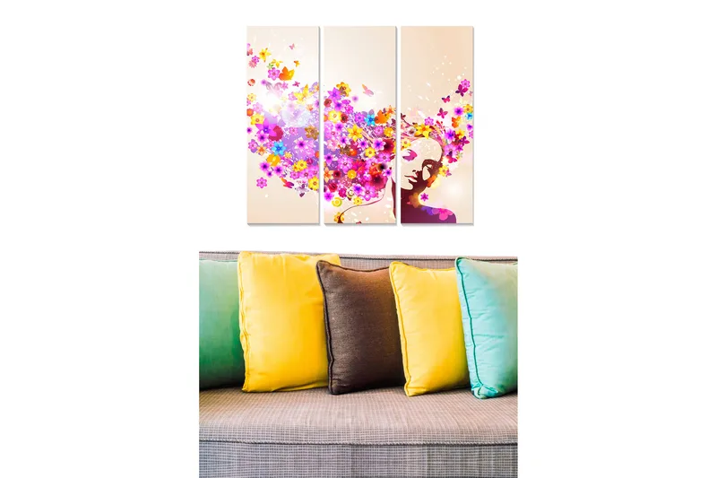 Trelerretsbilde 3-delt 50x70 cm - Fargerik kvinne med blomster og sommerfugler som flyter rundt henne, Lilla / Rosa / Gul