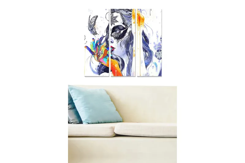 Trelerretsbilde 3-delt 50x70 cm - Fargerik kvinne med sommerfugler og abstrakte mønstre, Blå / Oransje / Svart