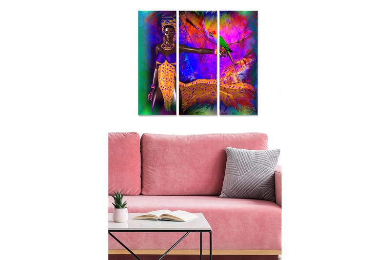 Trelerretsbilde 3-delt 50x70 cm - Fargerik kvinne med papegøye i et pulserende tropisk miljø, Lilla / Grønn / Oransje
