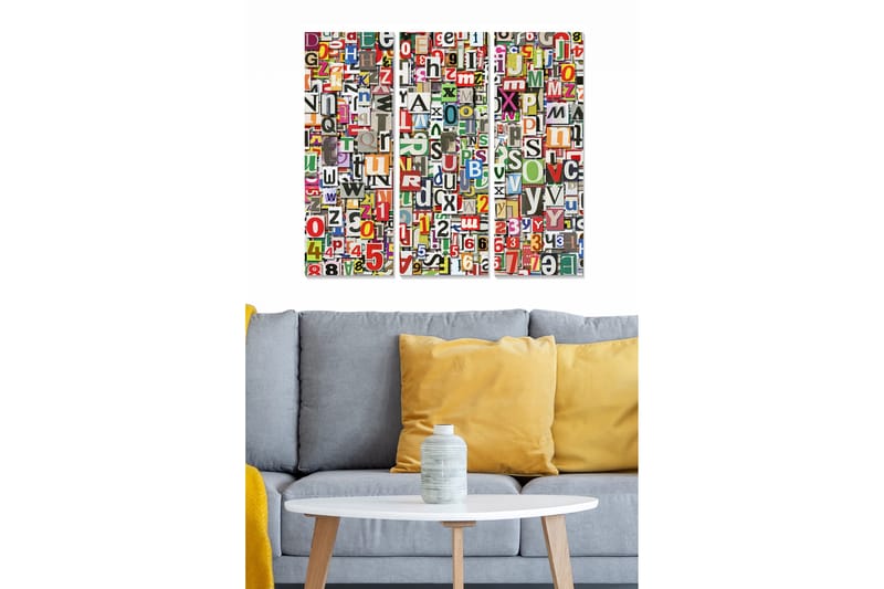 Trelerretsbilde 3-delt 50x70 cm - Fargerik samling av bokstaver og tall, Rød / Grønn / Blå
