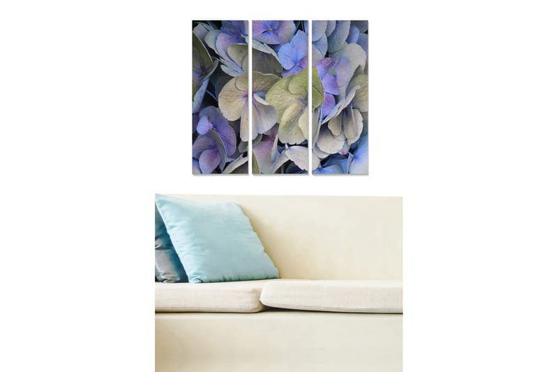 Trelerretsbilde 3-delt 50x70 cm - Fargerik samling av hortensiablomster, Lilla / Grønn / Blå
