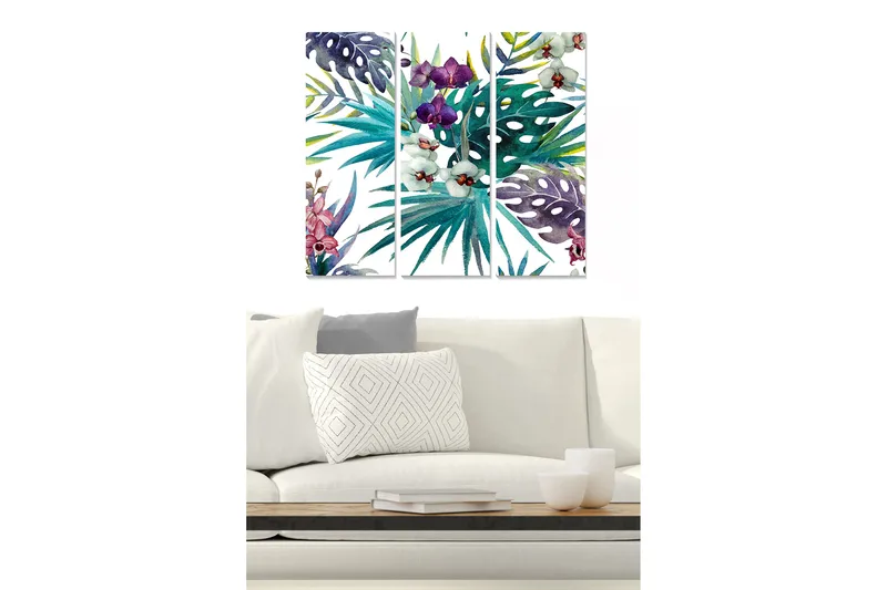 Trelerretsbilde 3-delt 50x70 cm - Fargerik samling av tropiske planter og blomster, Grønn / Lilla / Rosa
