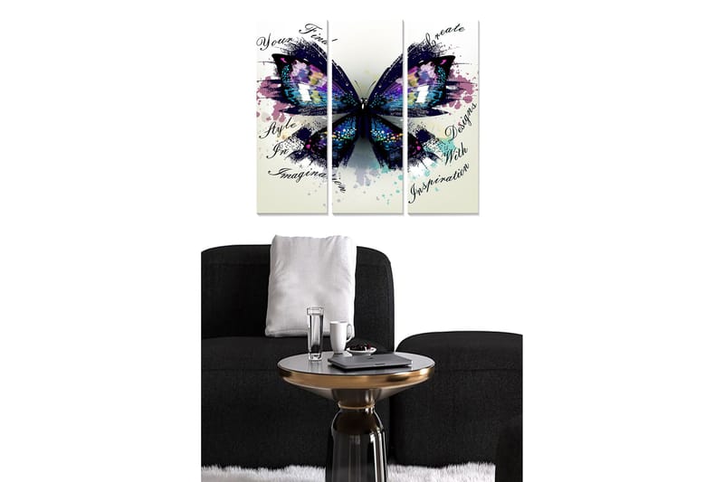 Trelerretsbilde 3-delt 50x70 cm - Fargerik sommerfugl med abstrakte elementer, Lilla / Blå / Svart