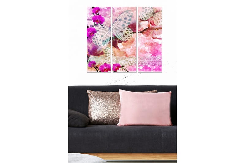 Trelerretsbilde 3-delt 50x70 cm - Fargerik sommerfugl omgitt av orkideer og abstrakte former, Lilla / Rosa / Hvit