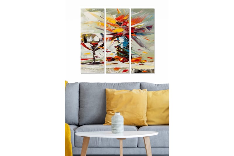 Trelerretsbilde 3-delt 50x70 cm - Fargerik stilleben med glass og frukt - Rød / Oransje / Grå - Innredning - Bilder & kunst - Lerretsbilder