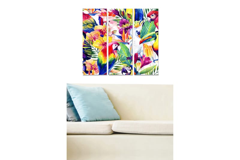 Trelerretsbilde 3-delt 50x70 cm - Fargerik tropisk flora med fugler, Grønn / Rød / Gul