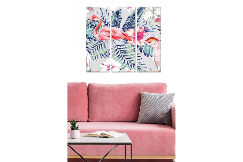 Trelerretsbilde 3-delt 50x70 cm - Fargerik tropisk komposisjon med flamingoer og blomster, Rosa / Grønn / Lilla