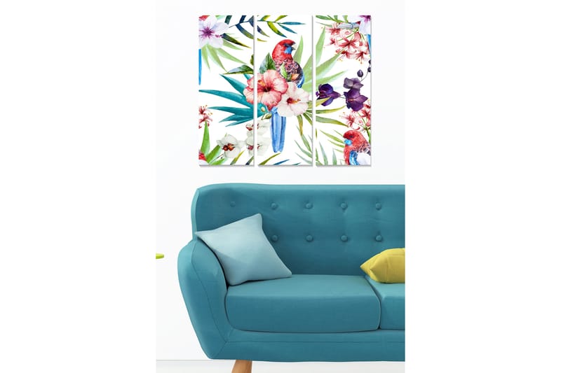 Trelerretsbilde 3-delt 50x70 cm - Fargerik papegøye omgitt av tropiske blomster og blader, Grønn / Rød / Blå