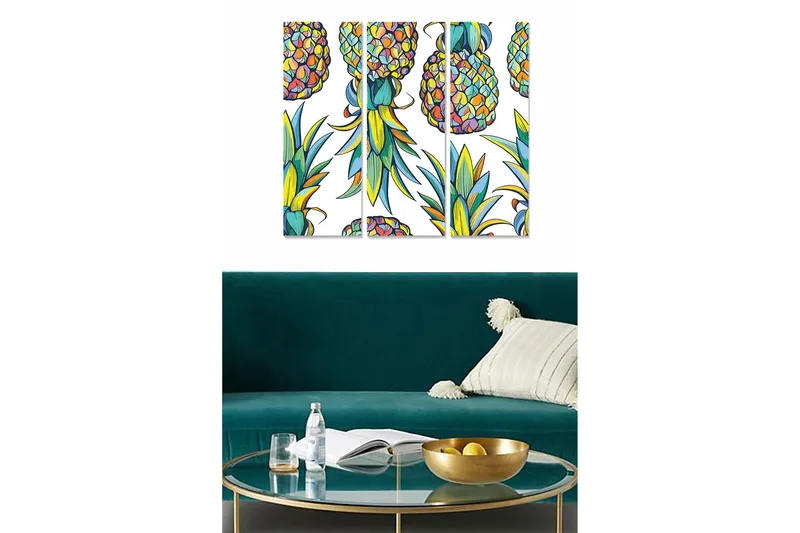 Trelerretsbilde 3-delt 50x70 cm - Fargerike ananaser med tropiske detaljer, Grønn / Gul / Lilla