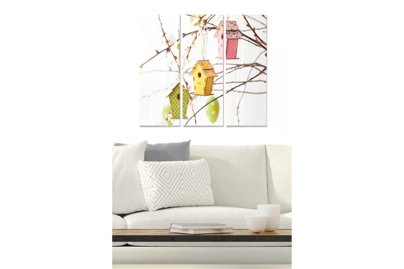 Trelerretsbilde 3-delt 50x70 cm - Fargerike fuglehus hengende fra grener, Grønn / Gul / Rosa