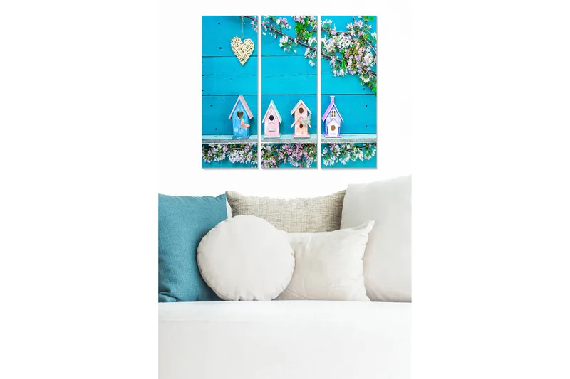 Trelerretsbilde 3-delt 50x70 cm - Fargerike fuglehus mot en lyseblå bakgrunn, Lys blå / Rosa / Hvit